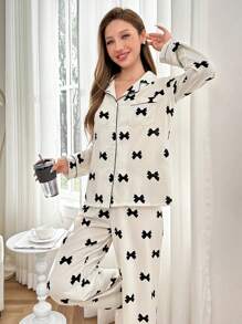 Contrast Color Trim Bubble Chiffon Bow Print Lapel Long Sleeve Pajama Set For Women - Black - View 3