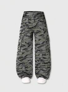 Tween Girl Tween Girl Camouflage Wide Leg Cargo Jeans, Loose Casual Denim Pants - Army Green - View 1