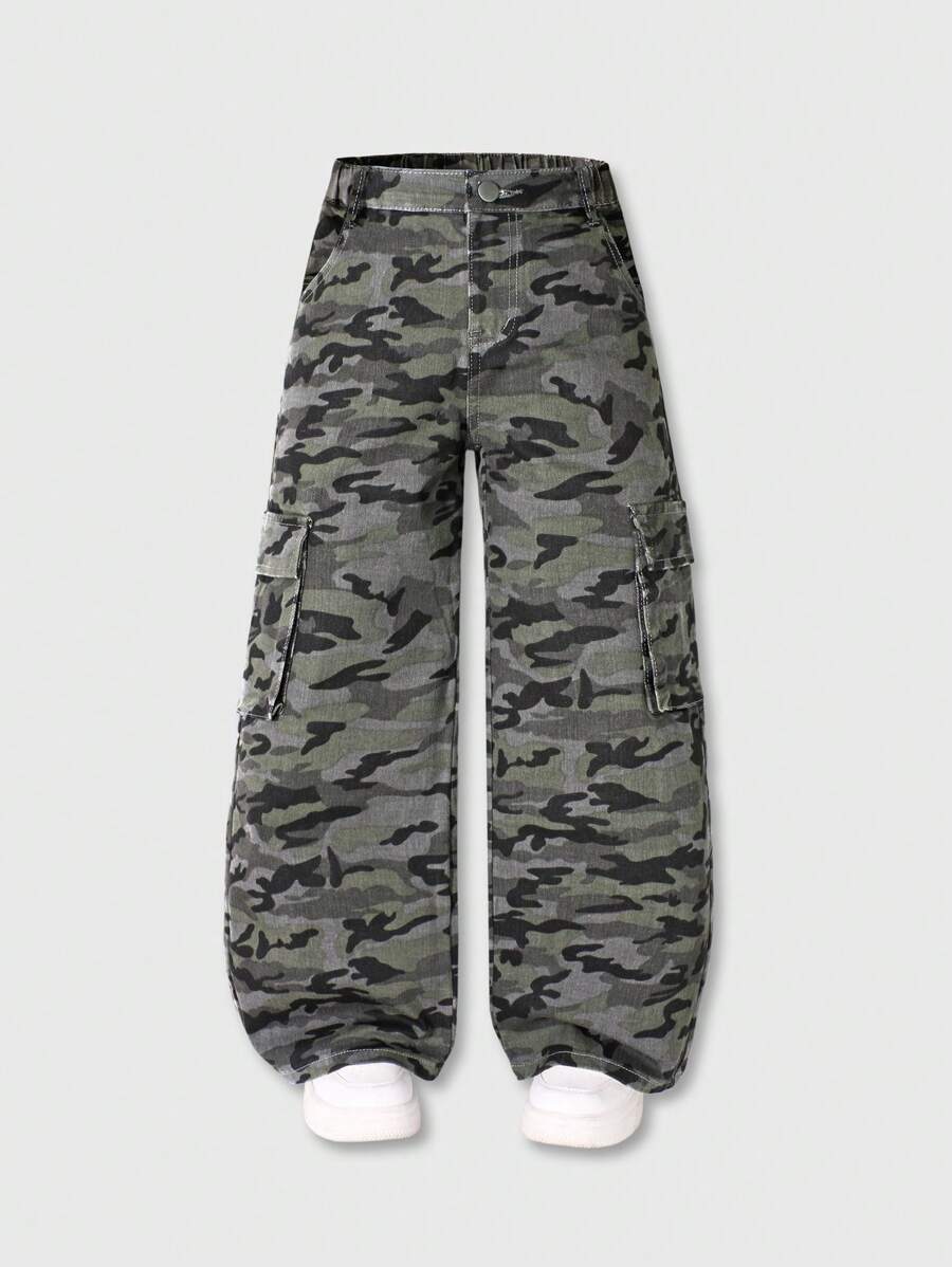 Tween Girl Tween Girl Camouflage Wide Leg Cargo Jeans, Loose Casual Denim Pants - Army Green - View 1