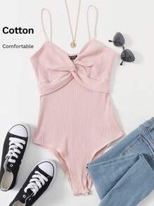 SHEIN EZwear 前扭結羅紋針織吊帶連體衣 - 淺粉色 - 查看 6