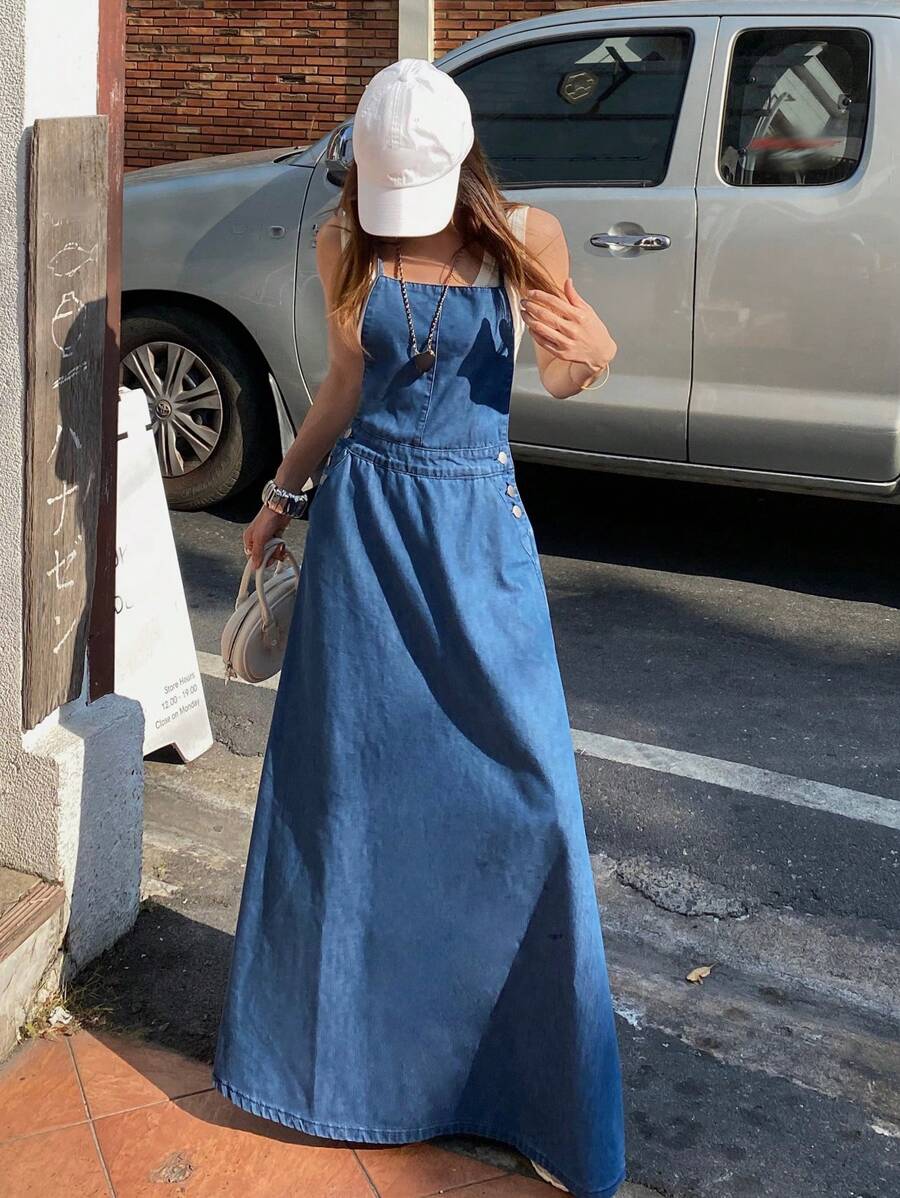 DAZY 女式休闲简约超长牛仔连衣裙，返校服装 - 藍色 - 查看 1
