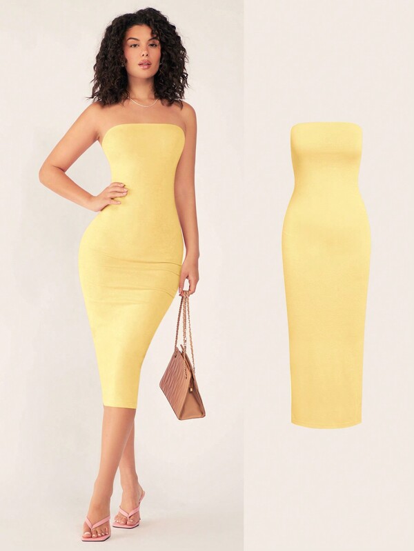 SHEIN BASICS Vestido casual de cena ajustado sin tirantes para mujer