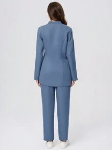 Scrubzie 2pcs Wrinkle-Resistant Collared Long Sleeve Women's /Healthcare Scrub Uniform Top And Pants Set - Blue - View 2