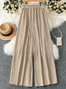 DreamSkyne New Loose Fit Summer Lightweight Silky Flowy Wide Leg Pants With Drawstring Waist And Wood Ring Belt, Slimming