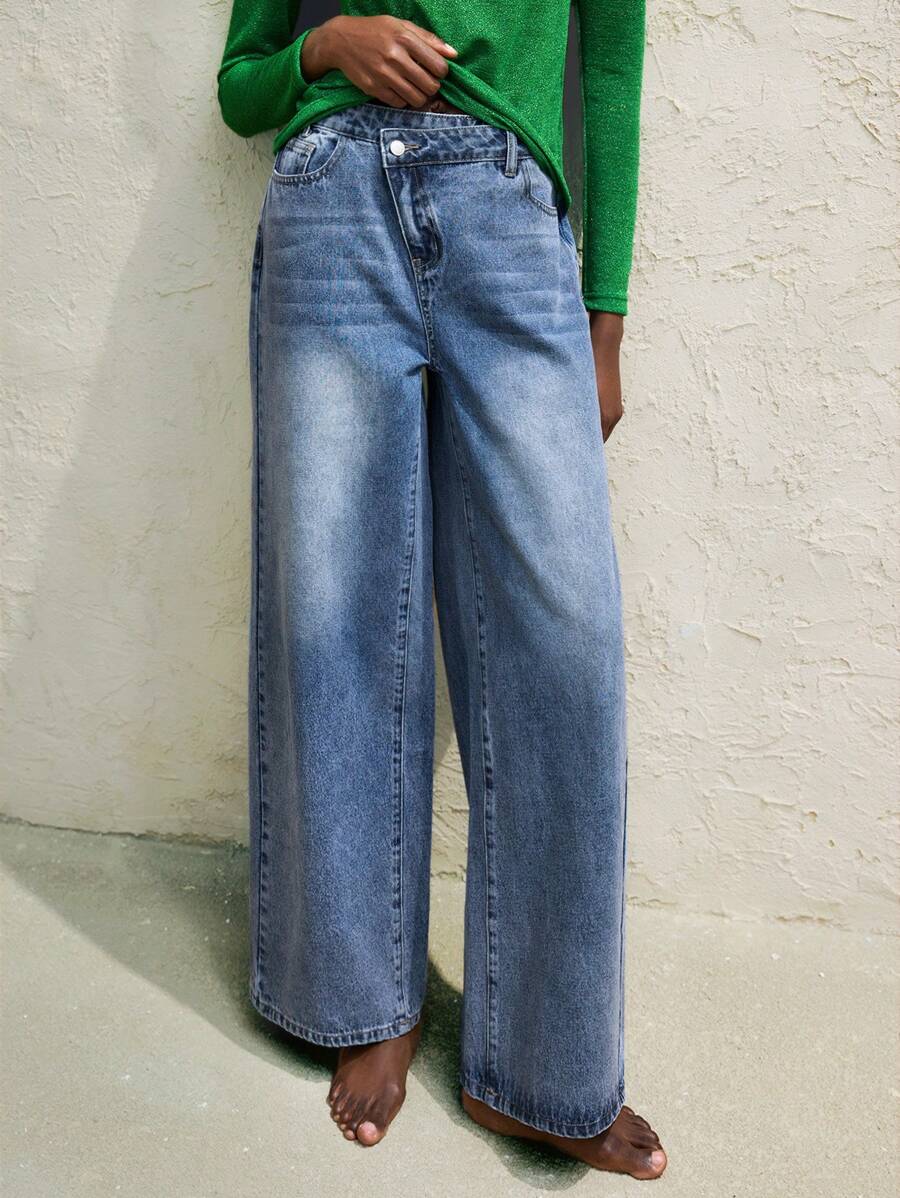 Maija 女式前扣口袋简约休闲牛仔裤，日常穿着，牛仔牛仔裤