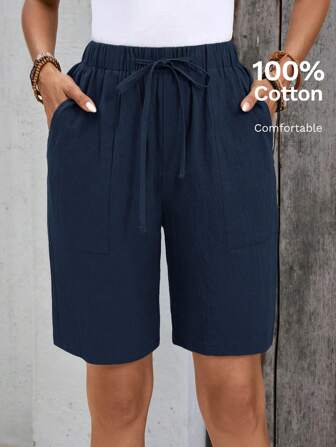 EMERY ROSE Leinen Bermuda Shorts in knielanger, einfarbiger, lockerer Passform, hoher Taille, Seitentaschen, einfach aber modisch
