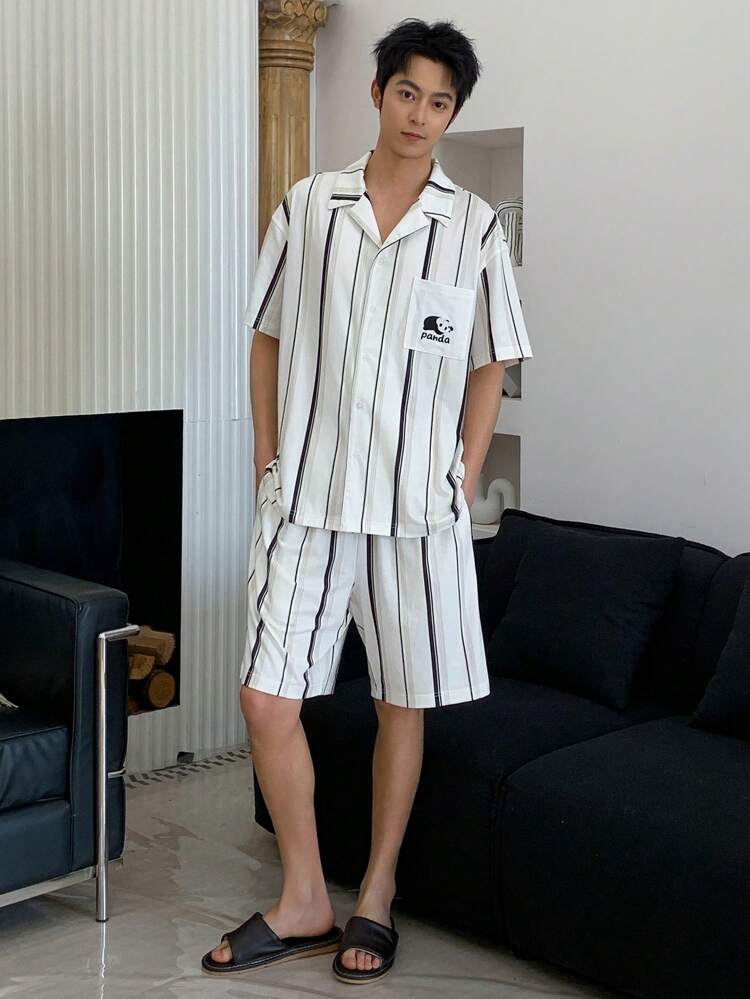 Men's Panda Print Striped Shirt And Shorts Pajama Set, Summer Loungewear