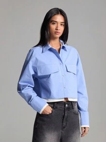 LYSMO Damen Langarm Einzelknopf Lässiges Blaues Hemd