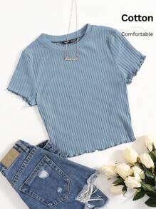 SHEIN EZwear 素色小褶邊羅紋針織T恤