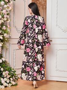 SHEIN 女士简约时尚土耳其阿拉伯传统长款束腰外衣浪漫花卉特别蕾丝长裙，日常母子装（3 件单独出售），朴素的长袍 - 彩色 - 查看 2