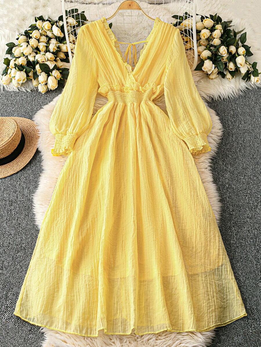 Franclia 优雅迷人优雅长袖性感V领连衣裙 - 黃色 - 查看 1