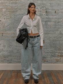 MUSERA Tailored Cropped Button Up Long Cuff Cinch Waist Collared Shirt Vacation Spring Summer - White - View 4