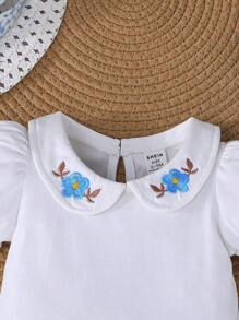 2pcs Baby Girl Summer Outfit,Cute White Peter Pan Collar Floral Embroidered Short Sleeve Blouse,Sweet Bowknot Printed Flowy Shorts,Vacation Fashion - Multicolor - View 8