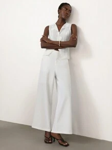 SHEIN Privé 2pcs/Set Women's Elegant Commuter Hollow-Out Sleeveless Sexy Cinched Waist Wide Leg Pants Suit - White - View 4
