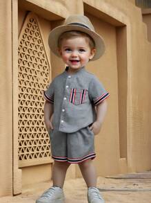 SHEIN 2pcs Set Baby Boy Summer Casual Elegant Adorable Gray Contrast Tape Short Sleeve Shirt And Shorts Outfit, Suitable For Birthday Party, Evening Party, Performance, Wedding, One-Month-Old Celebration And First Birthday - Multicolor - View 9