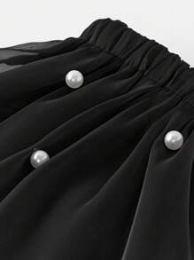 SHEIN 少女休闲优雅仿珍珠串珠缎面泡泡裙，黑色 - 黑色 - 查看 3