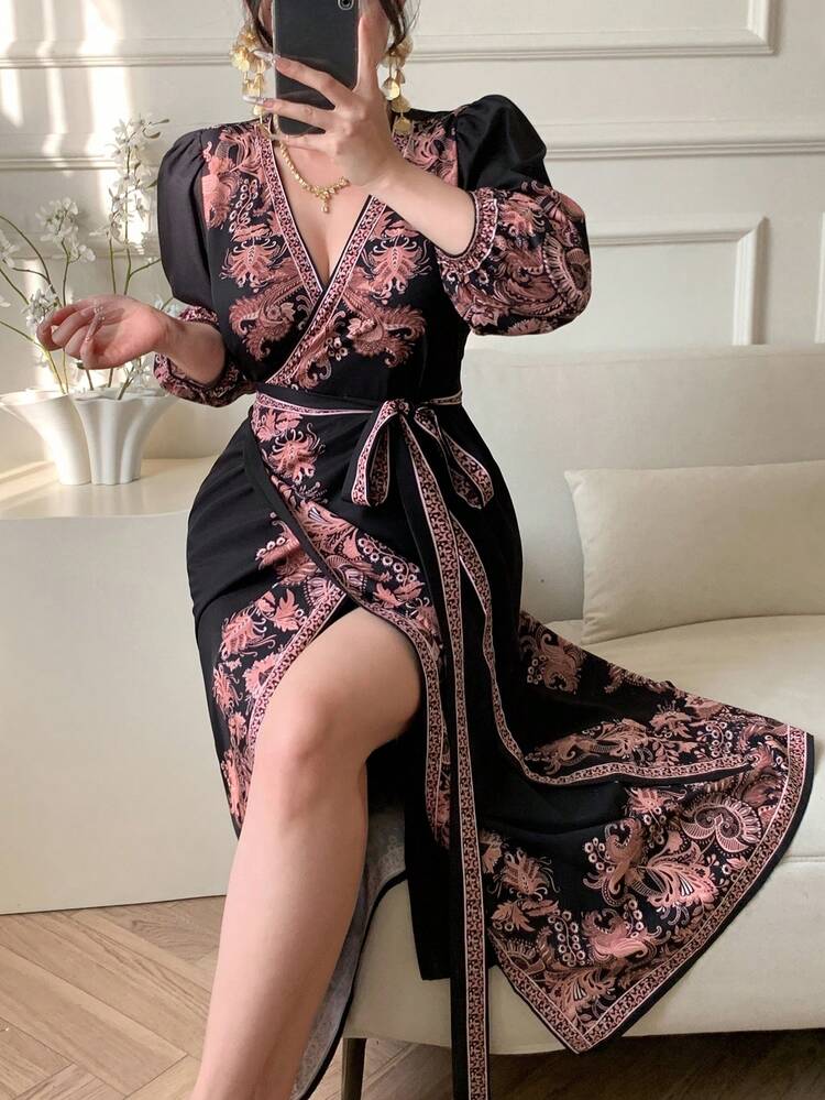 Boho Full Print Floral Botanical Pattern Cinched Waist Up Long Dress Elegant