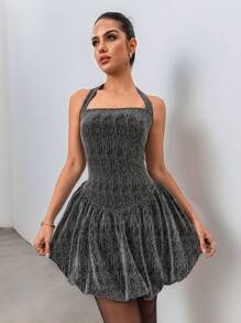 Chiquease 胸部包裹方形领口系带腰部设计褶皱、优雅性感鸡尾酒会/生日/情人节时尚连衣裙 - 銀色 - 查看 4