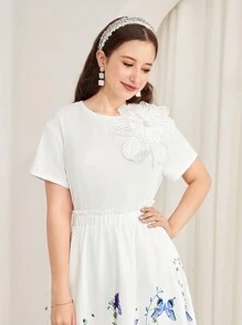 SHEIN Adolescente Fete Alb Culoare uni Elegant Zilnic Ocazional Vacanță 3D Decor cu flori Tricou cu mânecă scurtă cu gât turnu, Tricou pentru petrecere a timpului liber - alb - Vizualizare 7