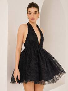 GENKIRA Vestido mini elegante francés sin mangas con escote profundo en V, fruncido, vuelo pronunciado en la Bottom y cintura ceñida - Negro - Ver 1