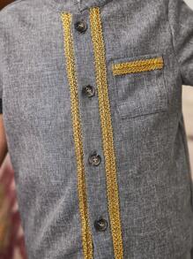 Cozy Pixies 2pcs/Set Baby Boys Contrast Color Banded Collar Short Sleeve Cardigan And Elastic Waist Shorts Set, Suitable For Summer