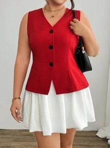 Elenzga Plus Size Women Elegant Fashion Personalized Casual Office Daily Single-Breasted Waistcoat And Midi Skirt Set - Red and White - View 1