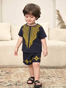 SHEIN 2pcs/Set Baby Boys Casual Traditional Pattern Round Neck Short Sleeve Top & Pants & Hat Set, Suitable For Spring/Summer Home, Outing, Party Wear - Royal Blue - View 7