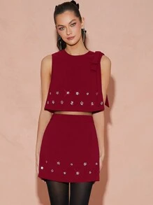 Enchnt 女式短款花卉水钻装饰优雅迷你裙 - 酒紅色 - 查看 4