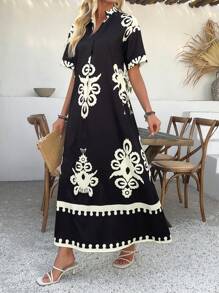 SHEIN Clasi 女士度假宽松直领连衣裙 - 黑色 - 查看 4