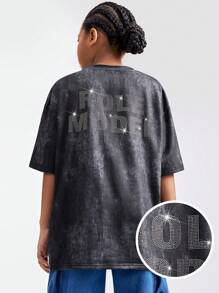 SHEIN قميص T أكثر حجماً ذو نمط ماسي موسم الربيع/الصيف للشارع/وموضة Y2K للحفلات الموسيقية وحفلات الفرقعات والملابس الأبوية الأبناء