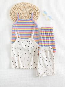 Cozy Pixies 4pcs/Set Baby Girl Valentine's Day Heart Polka Dot & Striped Knit Soft Camisole Top & Elastic Waist Shorts