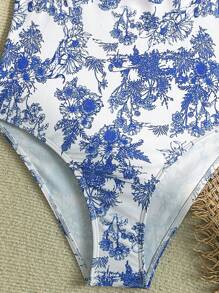 SHEIN Tween Girl Blue & White Floral Print Vintage Style Knit Camisole With Front Gathers, Tie-Front Bow, Waist Drawstring, Beach Resort Casual Swimsuit