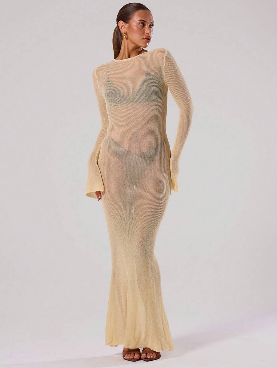 MUSERA 透视针织长袖超长毛衣连衣裙，适合节日度假、春季穿着，可爱又充满Y2K/90年代复古风情，伊比沙岛夏季风格