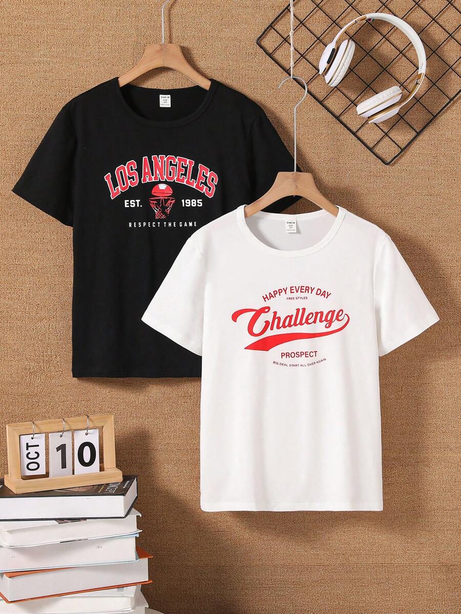 SHEIN 2pcs/Set Toddler Boys Letter & Cartoon Print Crew Neck Casual Short Sleeve T-Shirts Kids Tshirts T Shirts For Boys