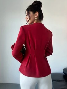 SHEIN Privé Elegancka damska marynarka z wyściełanymi ramionami i plisowaną talią - Burgund - Zobacz 7