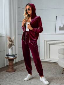 SHEIN LUNE 2pcs/Set Women Casual Hooded Velvet Long Sleeve Outfit, Autumn