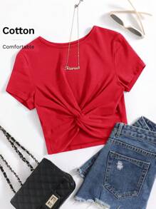 SHEIN EZwear Áo thun xoắn lại màu trơn Giải trí - Đỏ - Xem 6