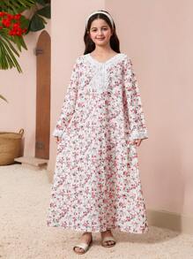 Tween Girl 花卉蕾丝边宽松长袖喇叭裙连衣裙，适合户外聚会，粉色 - 粉色 - 查看 1