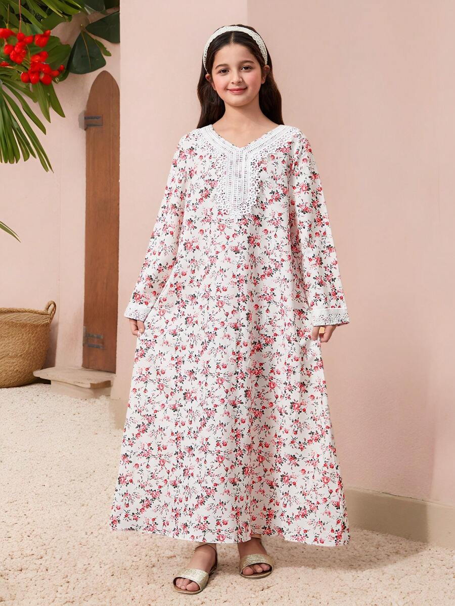 Tween Girl 花卉蕾丝边宽松长袖喇叭裙连衣裙，适合户外聚会，粉色 - 粉色 - 查看 1