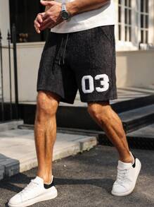 Manfinity Campus Court Men's Streetwear Black And White 03 Embroidered Plush Shorts,Summer Beach Young Street Style College Sports Basketball Shorts With Side Pocket Design - Black - View 5