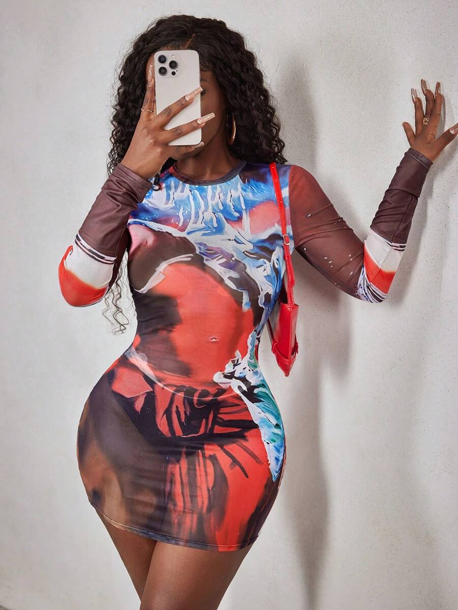 BamGleam Abstract Print Mini Sexy Long Sleeve Dress Fall Cloth For Women - Multicolor - View 1