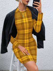 SHEIN Clasi Women's Mustard Yellow Plaid Long Sleeve Bodycon Dress: Fall Fashion - Ginger - View 3