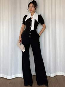 Gloray Women's Elegant Black & White Patchwork Exaggerated Collar Pearl Button Short Sleeve Jumpsuit