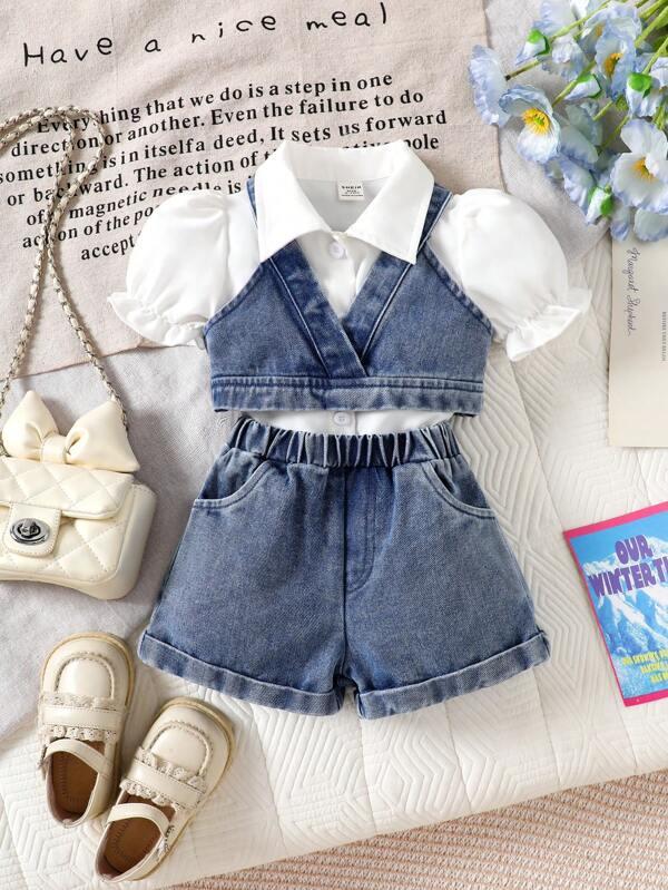 Baby Girl 3pcs Solid Color Puff Sleeve Shirt, Denim Camisole And Shorts Set