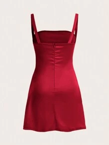 SHEIN EZwear Váy ngắn mùa hè Cami trơn cho phụ nữ đi chơi hẹn hò - Màu Đỏ Sâu - Xem 2