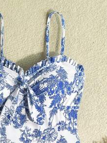 SHEIN Tween Girl Blue & White Floral Print Vintage Style Knit Camisole With Front Gathers, Tie-Front Bow, Waist Drawstring, Beach Resort Casual Swimsuit