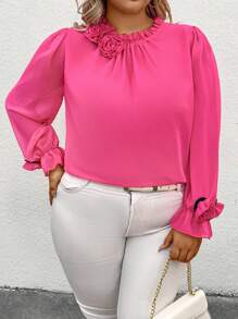 SHEIN CURVE+ Plus Size Romantic Rose 3D Flower A-Line Blouse - Hot Pink - View 4