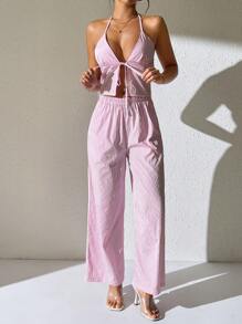 SHEIN PETITE 2pcs/Set Striped Halter Neck Camisole And Wide Leg Pocket Pants