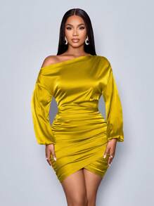 SOLERSUN Vestido corto de satén ajustado para fiesta con cuello asimétrico, manga farol de manga larga y plisado en color verde, ropa elegante para mujer en temporada de invierno y fiestas - Mostaza Amarilla - Ver 5