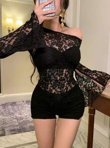 DAZY Women Asymmetric Shoulder Cut-Out Sheer Lace Mesh Blouse,Ruffle